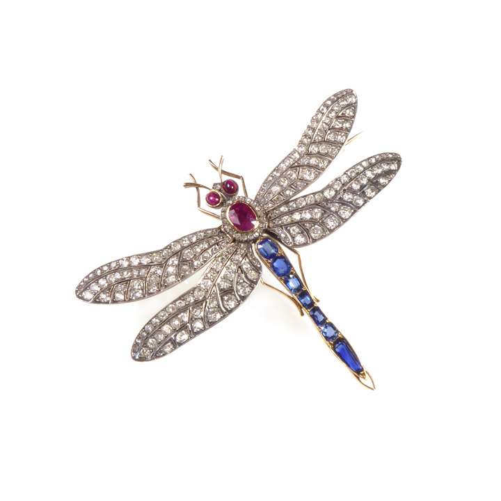 Antique diamond, ruby and sapphire tremblant dragonfly brooch